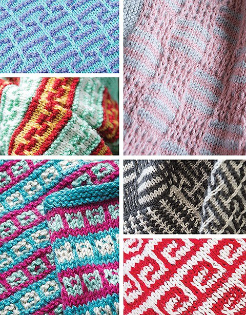 Here you can see a whole bunch of different examples of knitting projects made using the mosaic knitting technique. These stitches are lovely and interesting to work on, but they're much easier than they look. These projects were all designed by Melissa Leapman and the patterns for knitting them are available in her new book called The Beginner's Guide to Mosaic Knitting, published by Leisure Arts