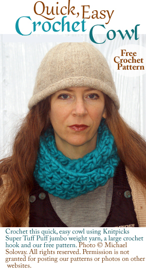 Crochet this quick, easy crochet cowl using Jumbo weight yarn, a large crochet hook and our free crochet cowl pattern.