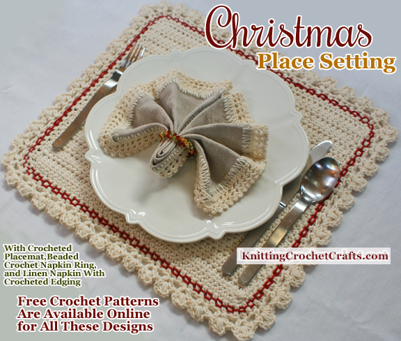 A Christmas Place Setting That Includes a Beaded Crochet Napkin Ring, Plus Crocheted Table Linens