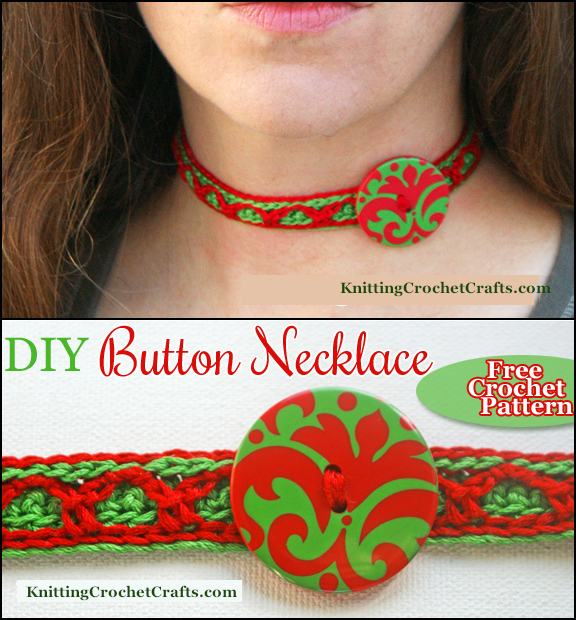 DIY Button Necklace: Free Crochet Pattern. This version of the necklace is made using Christmas colors: vibrant red and green. You can make this necklace using different color combinations for other holidays or to match your favorite outfit. 