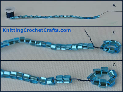 How to Crochet Shapes Tutorial: This Photo Shows the First Steps - Preparing the Beads and Wire. You can crochet snowflakes using this technique. Pictured here, you can see how to prepare the beads and wire for crocheting the beaded parts of the snowflake.
