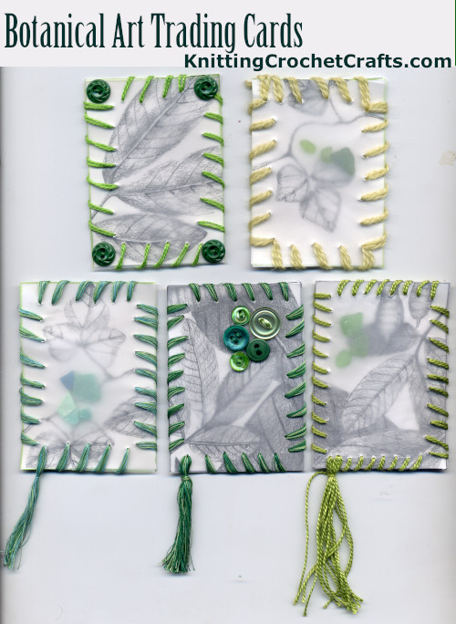 Botanical Art Trading Cards With Buttons and Embroidery by Amy Solovay; note that the fiber used for the stitching in the piece at upper right was crewel yarn.