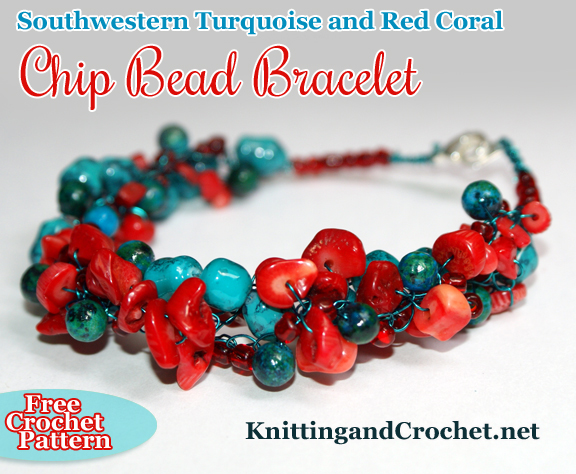 Southwestern Turquoise and Red Coral Chip Bead Bracelet: Free Crochet Pattern