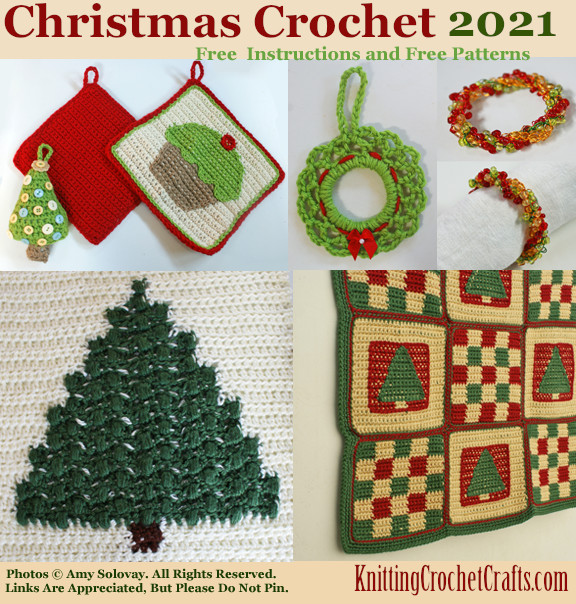 This photo collage shows bunches of different Christmas crochet projects. These projects are all current for Christmas 2021, and are ideal for Christmas gifts or decorating your own home for the holidays. Ideas include Christmas tree motifs, wreaths, Christmas blankets and more. These designs are all available as free crochet patterns on the Internet.