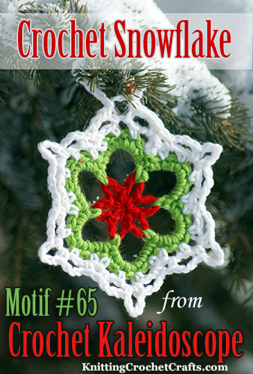 Hexagon Motif #65 From Crochet Kaleidoscope by Sandra Eng, Published by Interweave. I’ve modified the pattern to add a hanging loop to transform it into a Christmas ornament. I’ve also recolored it in red, green and white Cascade 220 yarn.