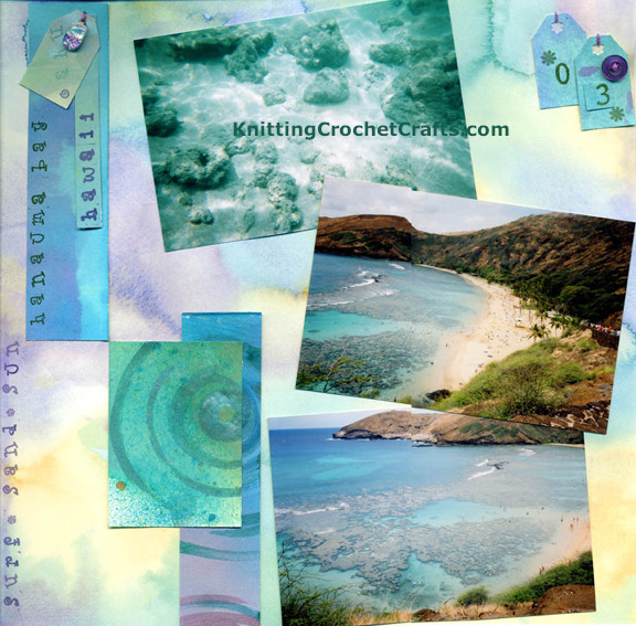 Hanauma Bay, a popular snorkeling destination on the island of Oahu in Hawaii, is the destination featured in this vacation-themed scrapbook layout.