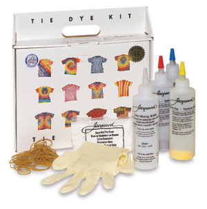 The Jacquard Tie Dye Kit Includes Fiber Reactive Dyes, Squirt Bottles, Rubber bands, gloves and Soda Ash Plus Instructions for Tie-Dyeing Spiral Shapes, Stripes, and Other Designs on Fabric or T-shirts.