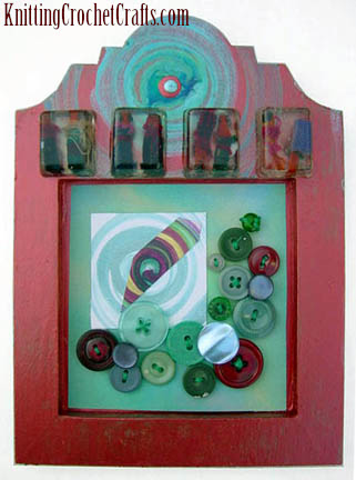 Resin Crafts: A Mixed Media Collage Art Piece Featuring Molded Resin Cubes With Worry Dolls Embedded; Spin Art Spirals; and Hand-Stitched Buttons