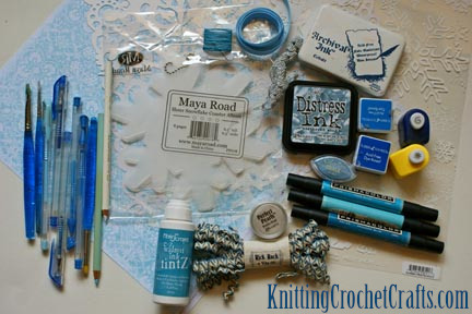Supplies for Making a Snowflake Shaped Ski Vacation Scrapbook Album: Patterned Paper, Stamps, Stamping Inks, Markers, Paper Punches and More