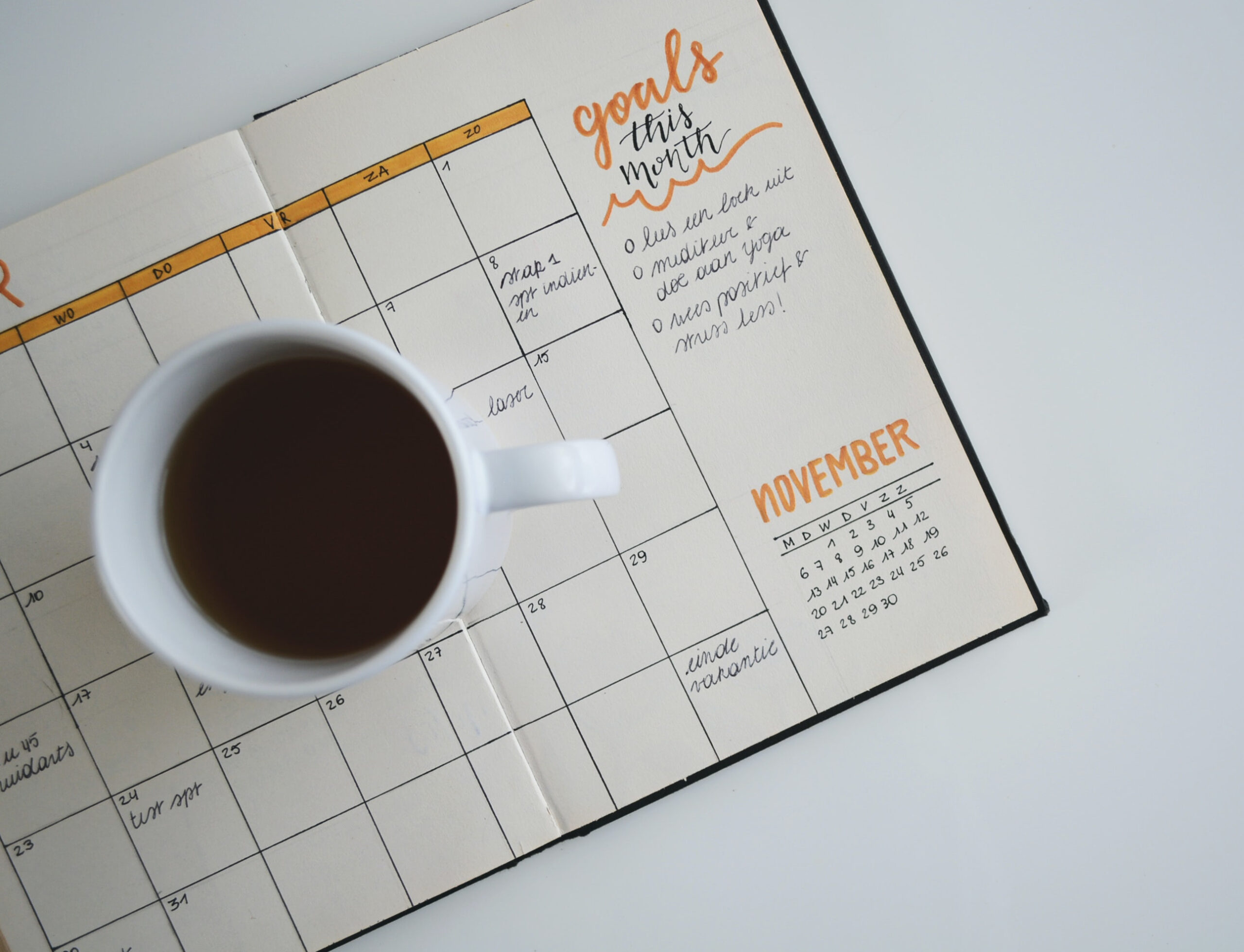 November monthly planner spread including list of goals for the month. Photo courtesy of Estée Janssens.