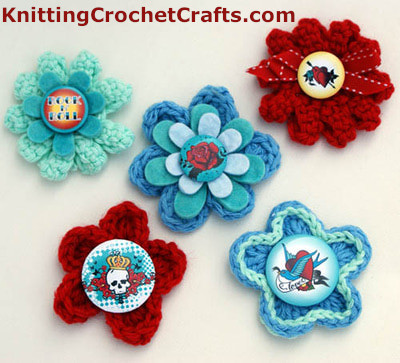 Crocheted Flowers Embellished With Pinbacks for Centers