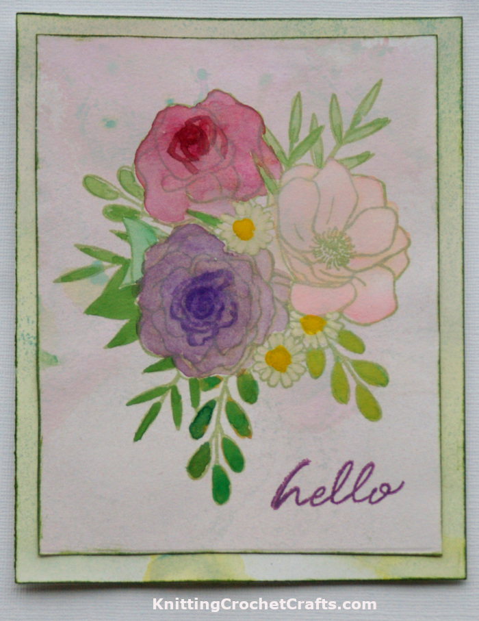 Watercolor Greeting Card Featuring Floral Bouquet, Ink Blending and Hello Stamp by Hero Arts