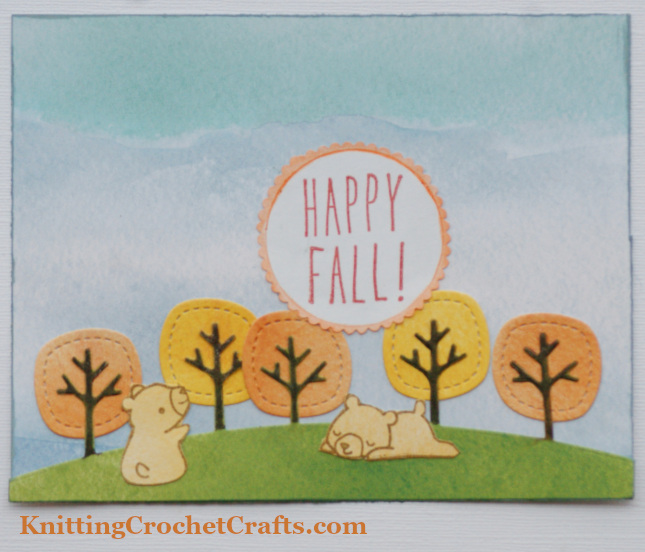 Happy Fall Card With Bear Cubs and Autumn Trees