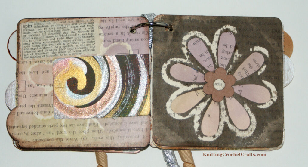 Bits & Pieces Mixed Media Art and Scrapbooking Album Featuring Upcycled / Recycled Dictionary Pages and Original Spin Art Painted in Metallic Colors