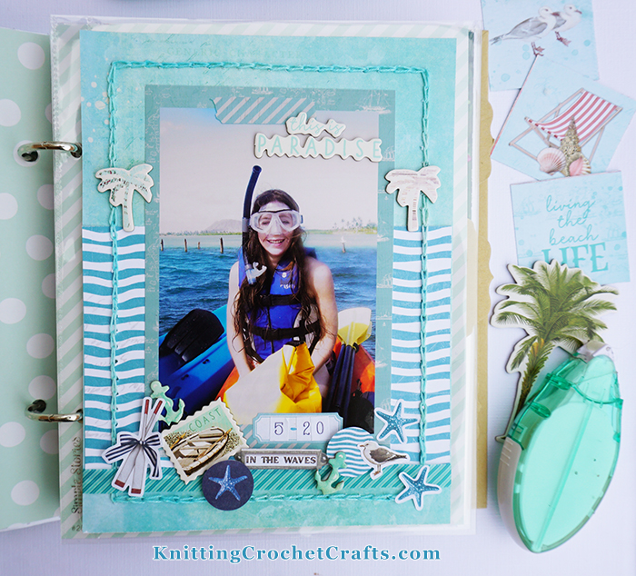 I embellished this scrapbooking layout using surface crochet slip stitch worked in crochet thread, but you could just as easily use embroidery floss to achieve this effect.