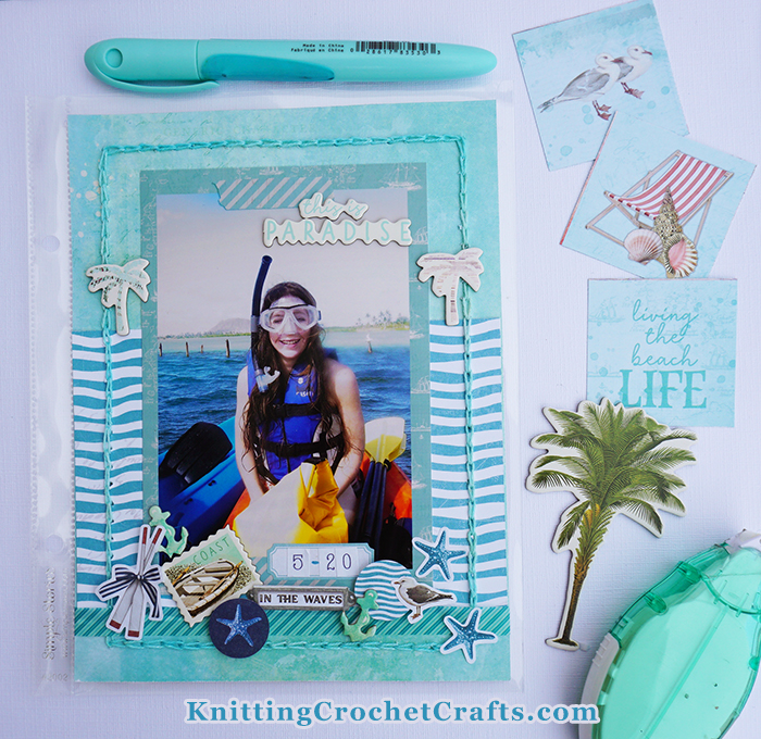 This Is Paradise Scrapbooking Layout: Snorkeliing in Hawaii-- I made this layout using mostly physical scrapbooking supplies including stickers and chipboard. However, a couple of the layers in this layout are digital. In particular, I edited my photo digitally and stuck it to a digital background using digital washi tape. Then I printed that out and stuck it to physical scrapbooking paper and added all the other physical embellishments you see pictured on the page.