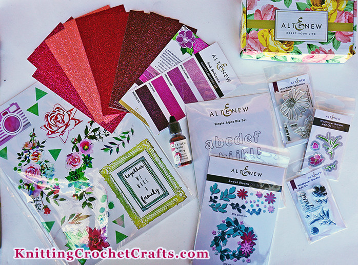Altenew Craft Supplies: Altenew Flower Stamps, Layering Stamps, stickers, Glitter Cardstock, Dies and a Dye Ink Reinker. Not Pictured: The Altenew Stamp Wheel, Sticky Mat, Ink Pads, and Gouache Paints Are Some Other Popular Altenew Craft Supplies You Might Enjoy Using.