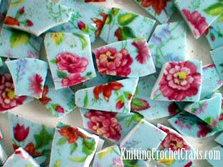 Floral Mosaic Tiles That Were Hand Cut From Vintage Plates Using Tile Nippers