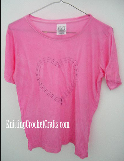A Work-In-Progress Picture Showing How the T-Shirt Looks With the Heart Shape Stitched Onto the Front.
