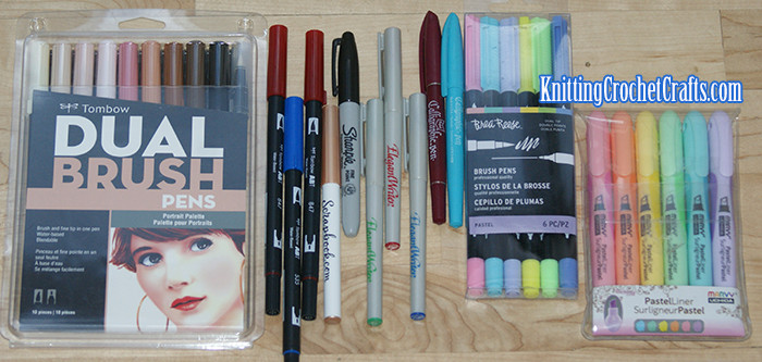 Pens and Markers: Tombow Brush Markers; Calligraphy Markers; Brea Reese Brush Markers; and Marvy Uchida Pastel Highlighters