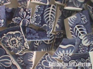 Mosaic Tiles That Were Hand Cut from Blue and White Transferware Plates Using Tile Nippers