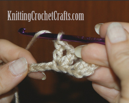 Next, you’re going to work another v stitch. Yarn over hook to begin the first double crochet in the v stitch…