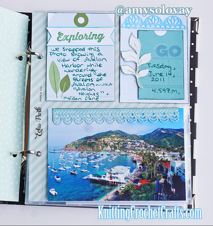 This 6"x8" pocket page scrapbooking layout features craft supplies by Pinkfresh Studio. The stamped leaf image is from the Brighter Days stamp set, and the die cuts are from the Lacey Edgers die set. Pinkfresh Studio also made the papers and journaling cards I used on this page.