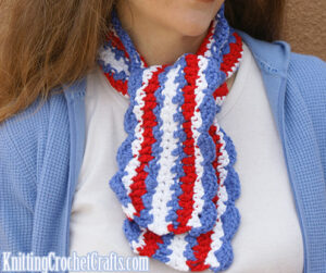Fourth of July Crochet Scarf Pattern: In areas where it's chilly after dark even in the summer months (Los Angelenos, I'm looking at you), you'll appreciate this red, white and blue scarf. Enjoy wearing it on Fourth of July or any time.