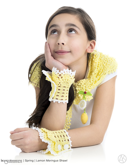 Girls' Crochet Lace Shawl and Cuffs. These Patterns Are Included in the Book Imagical Seasons, Volume 1, Spring. Photo courtesy of Alla Koval
