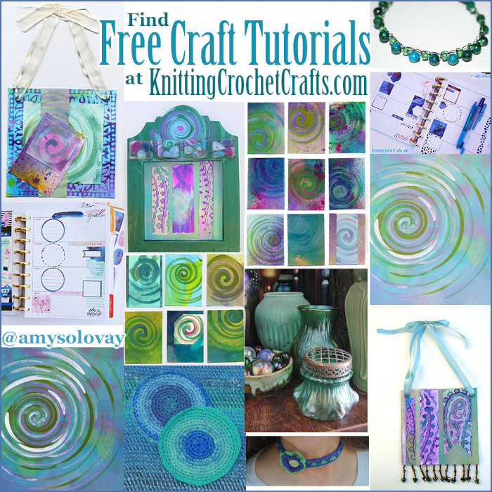 Blue Green and Purple Mood Board With Free Craft Tutorials: Learn how to make all different kinds of craft projects with the free tutorials I've posted here at this website. You can learn how to paint spin art, make collages, be more productive with creative planner layouts, make jewelry, crochet, paint still life art, and more!