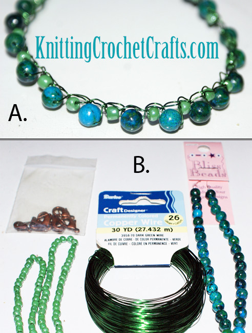 Wire Crochet Necklace With Green Jasper Beads -- Photo A shows you what the finished wire crochet necklace looks like. Photo B gives you a look at the craft supplies you'll need for making a necklace like this one.