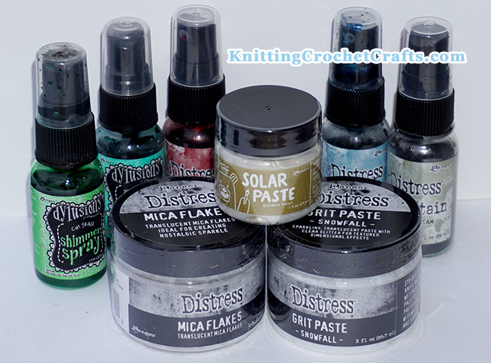 Mixed Media Art Supplies by Ranger Industries: Dylusions Shimmer Spray, Distress Mica Stain, Distress Mica Flakes, Solar Paste, and Distress Grit Paste / Snowfall