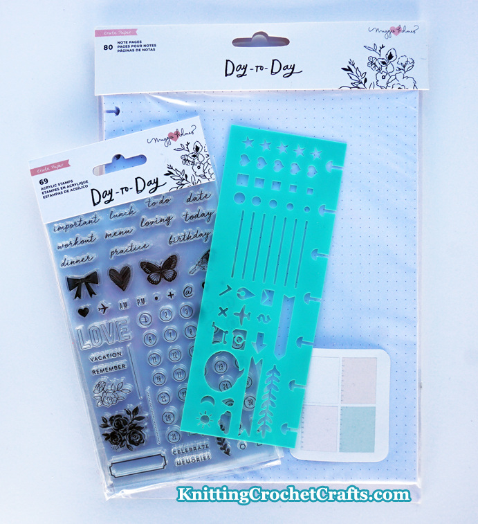 Planner Supplies from the Day-To-Day Collection by Maggie Holmes for Crate Paper: Note Pages; Day-To-Day Clear Planner Stamps; and a BUJO Stencil / Stencil for Bullet Journaling or Planning