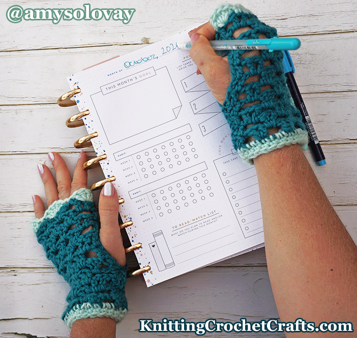 Lacy Crochet Fingerless Gloves Made With V Stitch in Brick Repeat and a Scalloped Edging