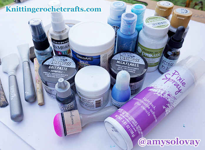 Pixie Spray Pictured With Other Mixed Media Art Supplies by Tim Holtz, Stamperia, DecoArt and Others