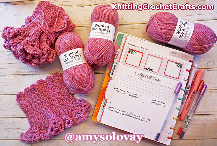 Pink Yarn and Pink Craft Ideas: Fingerless Gloves and a Planner Layout With a Monthly Habit tracker and Pink, Red, Green and White Stickers