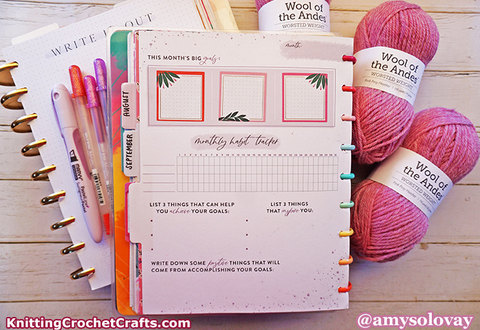 September Craft Ideas: Monthly Habit Tracker Planner Page Pictured With Sakura Gelly Roll Pens, a Marvy Uchida Highlighter and Wool of the Andes Worsted Weight Yarn by Knit Picks in the Pink Posy Heather Color