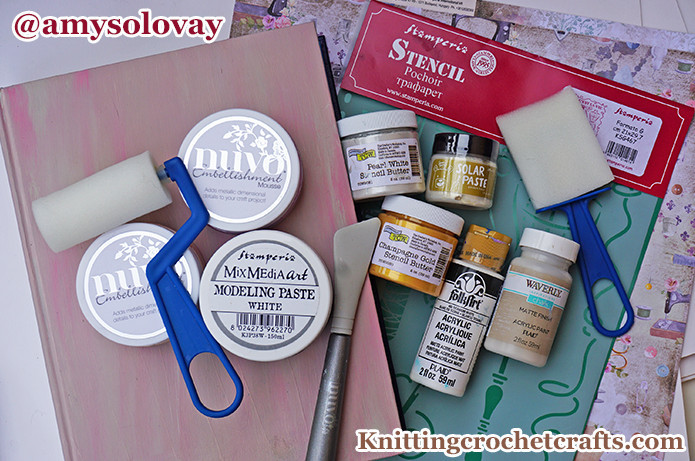 Stamperia's Couture Stencil, Pictured With a Variety of Stenciling Supplies and a Junk Journal I Am Working on Making.