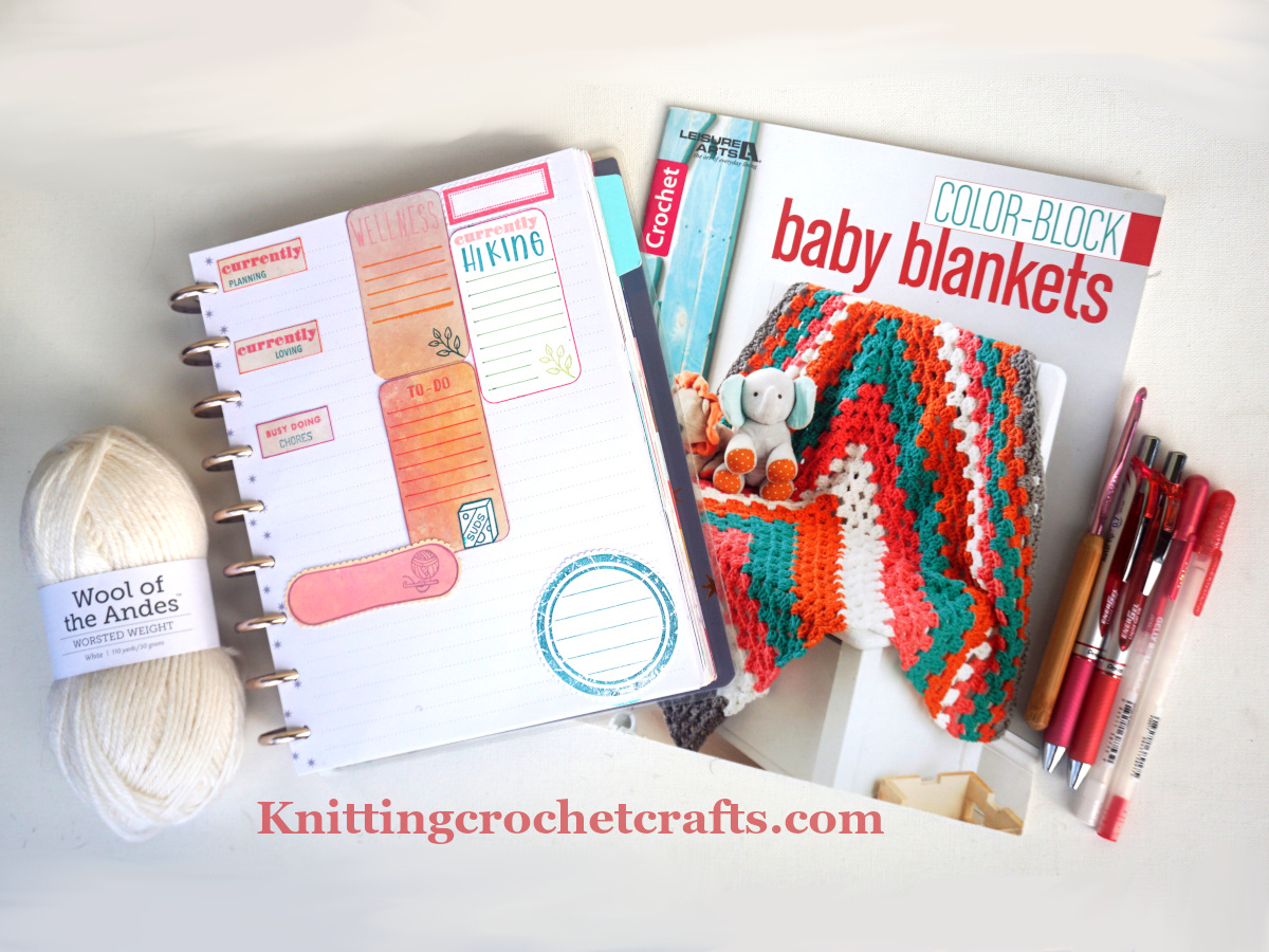 Color Block Baby Blankets Crochet Pattern Book by Kristi Simpson, Published by Leisure Arts -- Pictured With Wool of the Andes Yarn and Other Craft Supplies