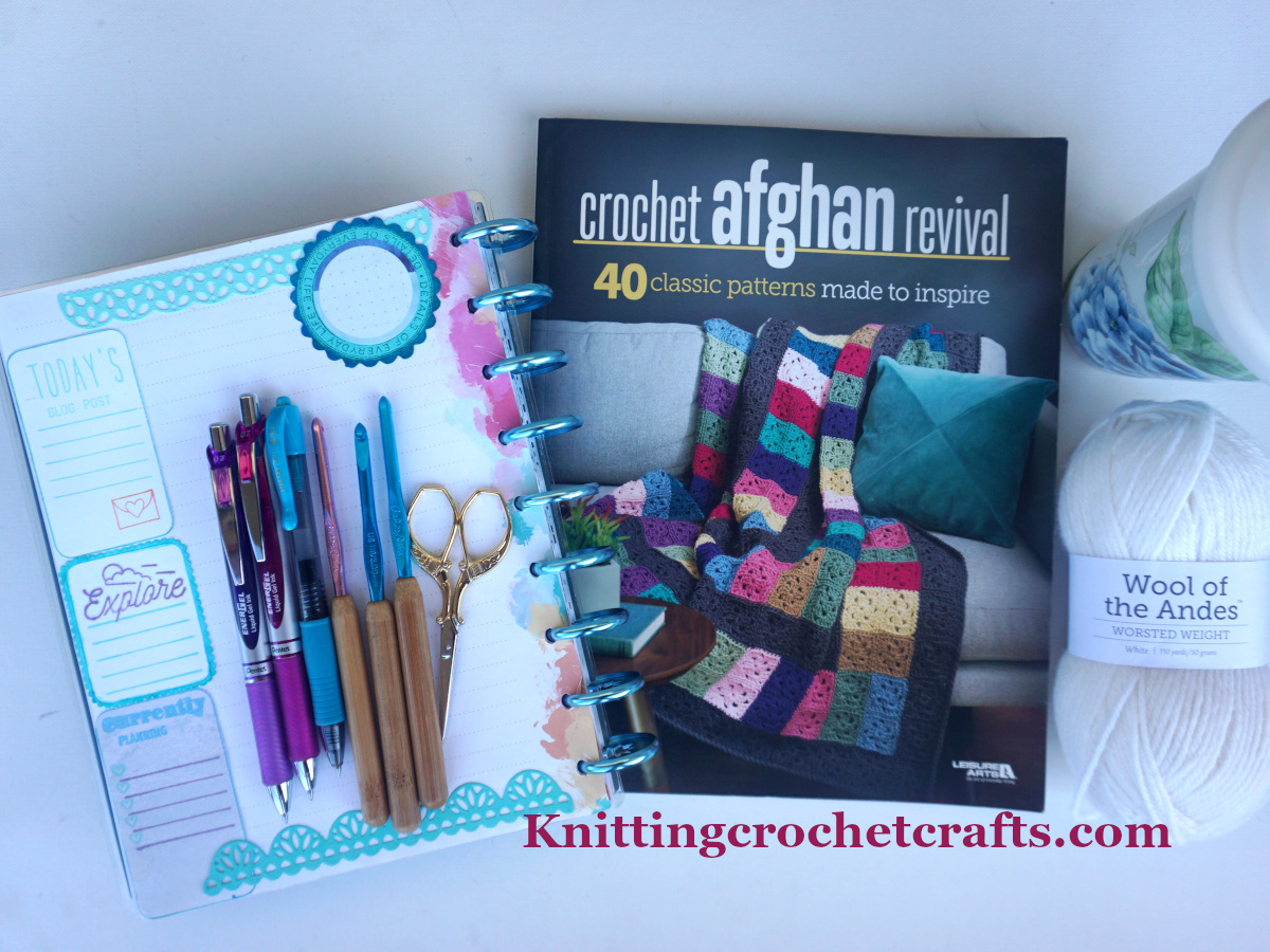 Crochet Afghan Revival Pictured With Craft Supplies Including Wool of the Andes Yarn by Knit Picks; Susan Bates Bamboo Handled Crochet Hooks; Pentel Energel Pens; and a Classic Happy Planner by Me & My Big Ideas