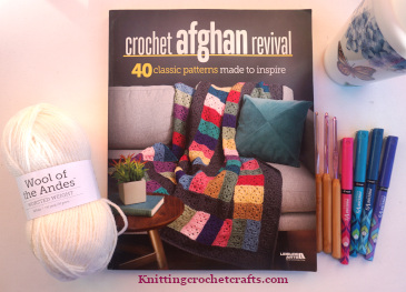 Crochet Afghan Revival Book Published by Leisure Arts - Pictured with craft supplies including white Wool of the Andes yarn by Knit Picks, Susan Bates Bamboo Handled Crochet Hooks and Pilot pens.