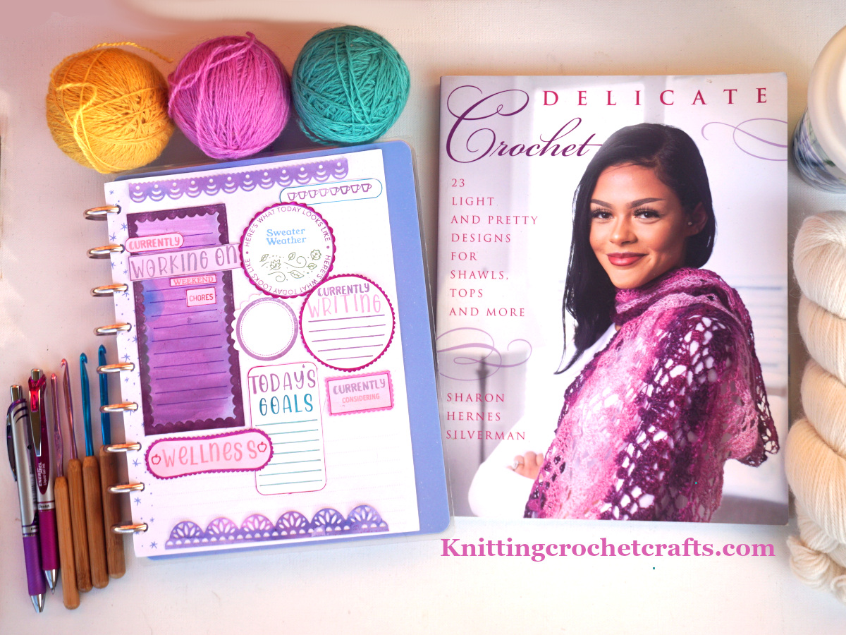 Delicate Crochet Pattern Book by Sharon H. Silverman, Published by Stackpole Books -- Pictured With Knit Picks Palette Yarn and Other Craft Supplies