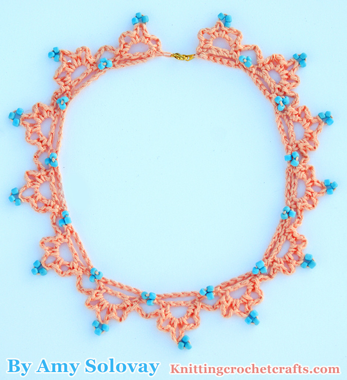 Elegant Trios Bead Crochet Necklace Worked in Peach Yarn With Aqua Seed Beads