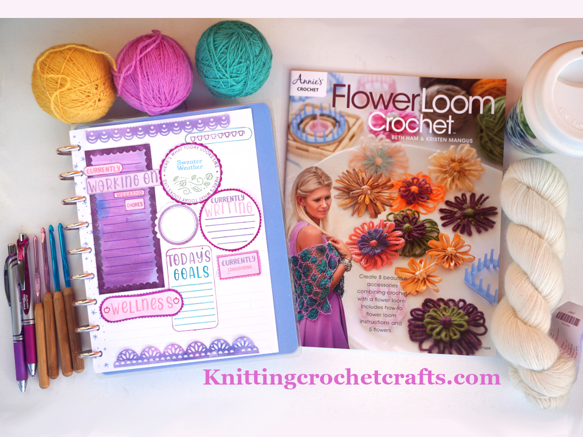 Flower Loom Crochet Book Pictured With Knit Picks Palette Yarn, Susan Bates Bamboo Handled Crochet Hooks and Other Craft Supplies