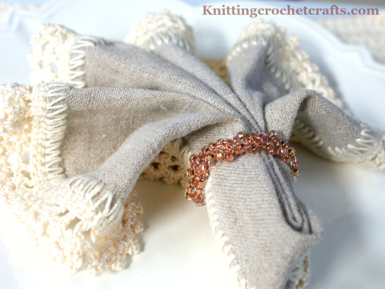 Linen Napkin with Crocheted Edging and a Copper Beaded Napkin Ring