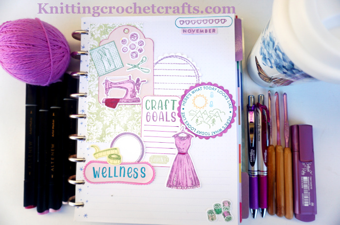 November Planner Layout With a Vintage Sewing Theme -- Pictured with various craft supplies including Palette wool yarn by Knit Picks; Artist Markers by Altenew; Pentel Energel Refillable Pens; Susan Bates Crochet Hooks; and a Refillable Highlighter by Faber Castell.
