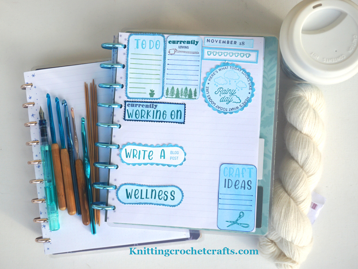 Blue November Planner Layout for a Rainy Day -- Pictured with Susan Bates and Boye crochet hooks, a Pilot Kakuno fountain pen, a Happy Planner and Bare Hare Wool / Mohair Blend yarn by Knit Picks.