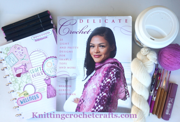 Palette Wool Yarn Pictured With Other Craft Supplies: Sharon Silverman's Delicate Crochet pattern book; Susan Bates Crochet Hooks; Bare Hare Wool / Angora Blend Yarn by Knit Picks; My November Planner Layout; and a Variety of Pens and Markers, Including Altenew Artist Markers and Others[