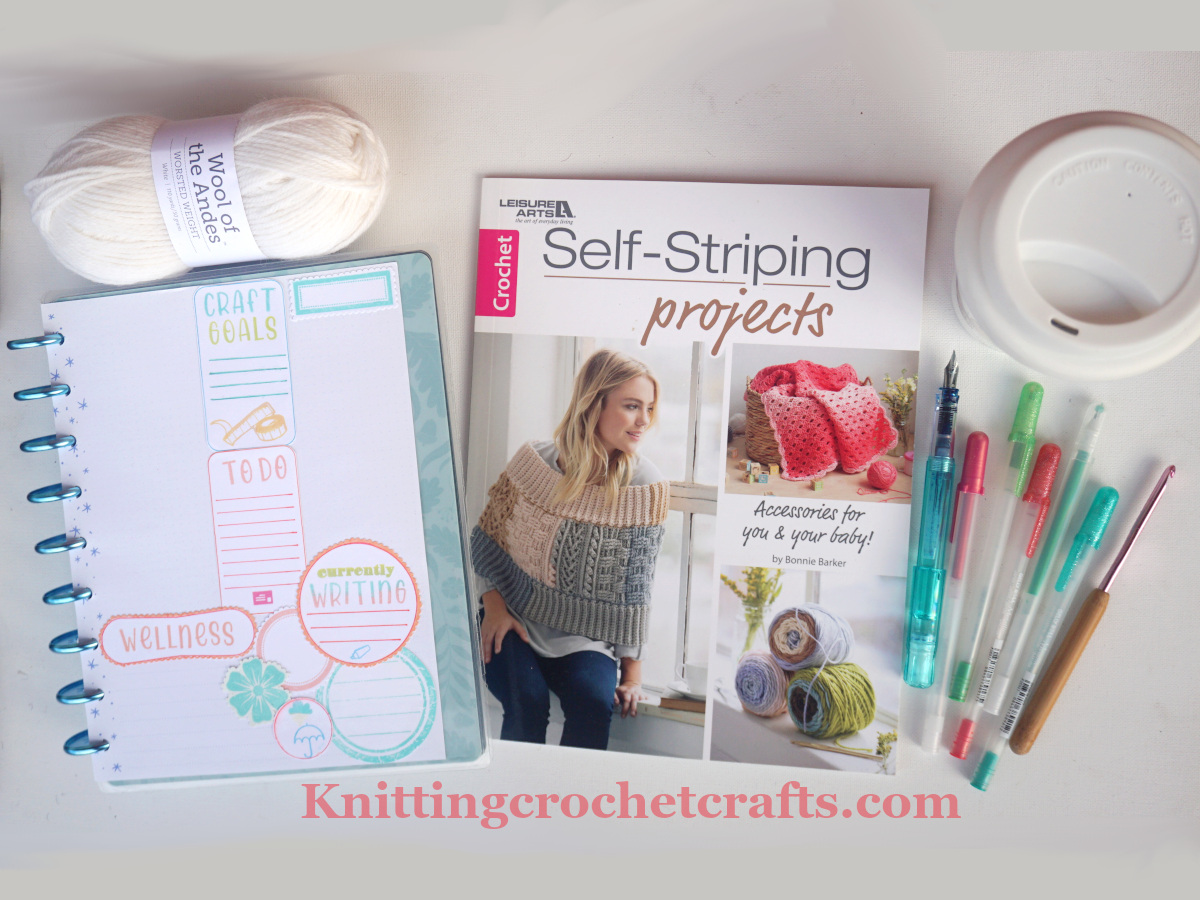 Self-Striping Projects Book by Bonnie Barker Pictured With Wool of the Andes Yarn and Other Craft Supplies
