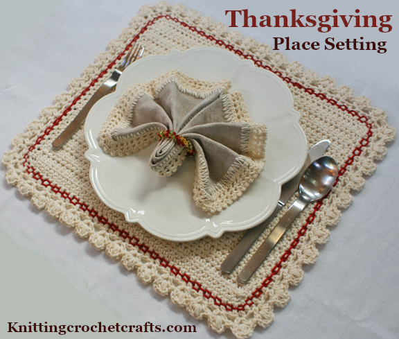 A Thanksgiving Place Setting That Includes a Beaded Crochet Napkin Ring, Plus Crocheted Table Linens